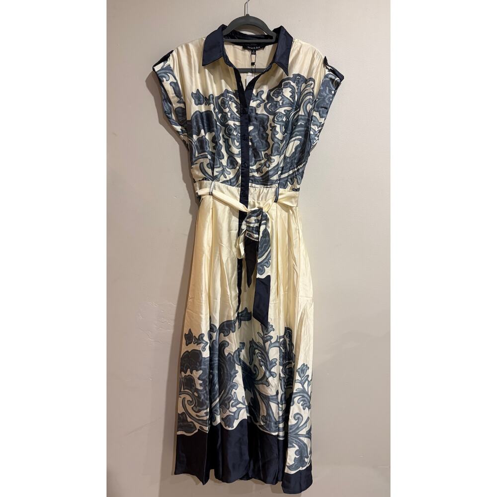 Cream and Blue Printed Midi Shirt Dress with Tie Waist - Picture 2 of 7